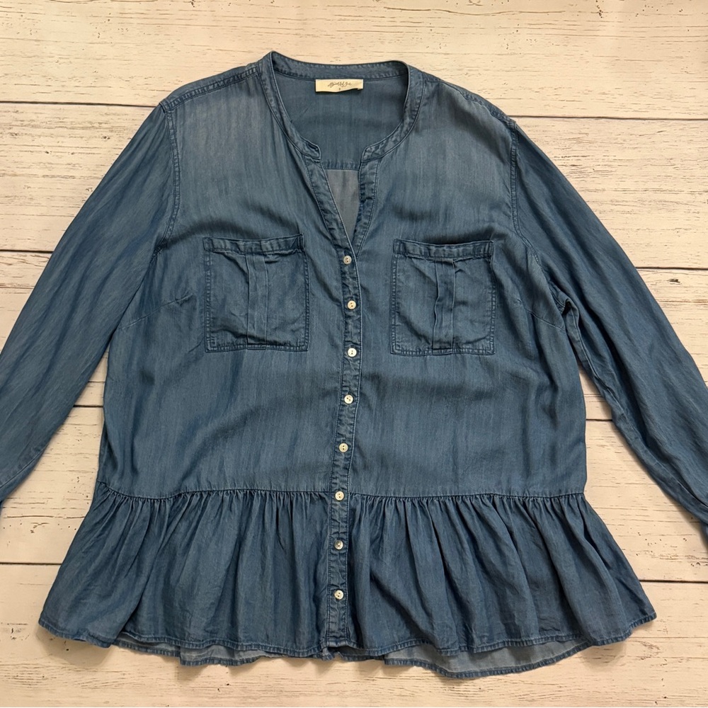 Denim Peplum Blouse with Buttons